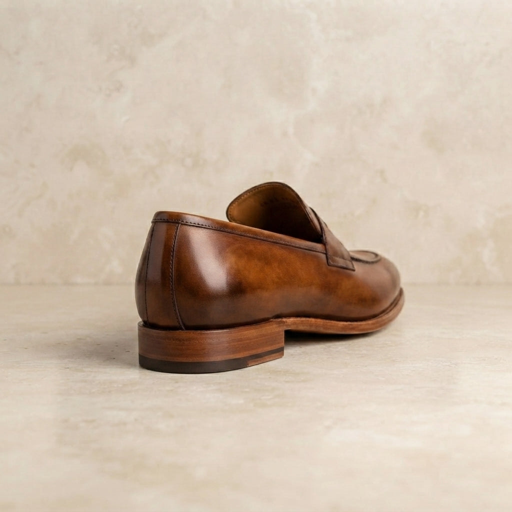 Height Increasing Brown Leather Garbin Cap-Toe Brogue Oxford with Natural Leather Sole - 3 Inch Hidden Heel – heel view
