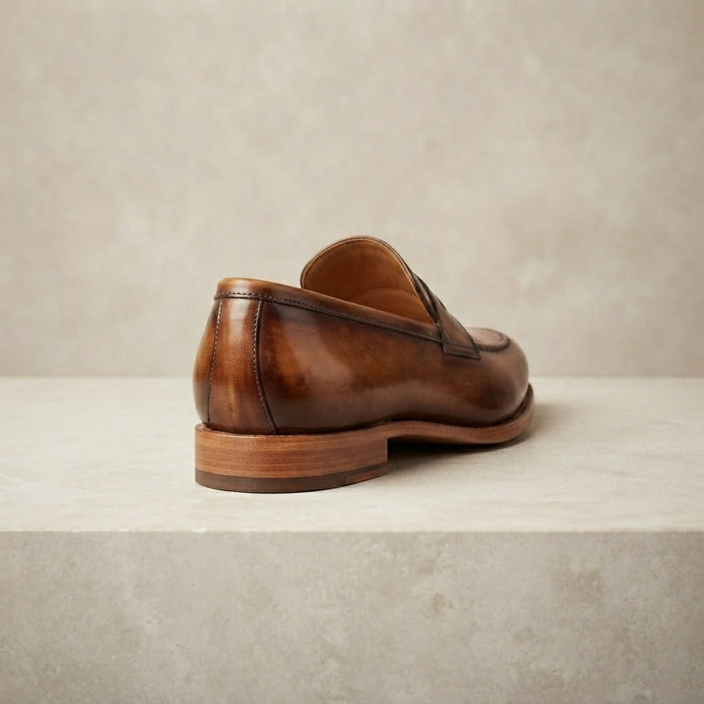 Height Increasing Brown Leather Garbin Penny Loafer with Natural Leather Sole - 3 Inch Hidden Heel – heel view