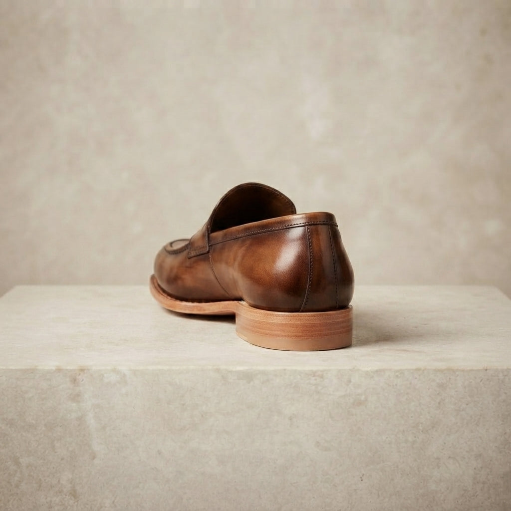 Brown Leather Garbin Penny Loafer with Natural Leather Sole – heel view
