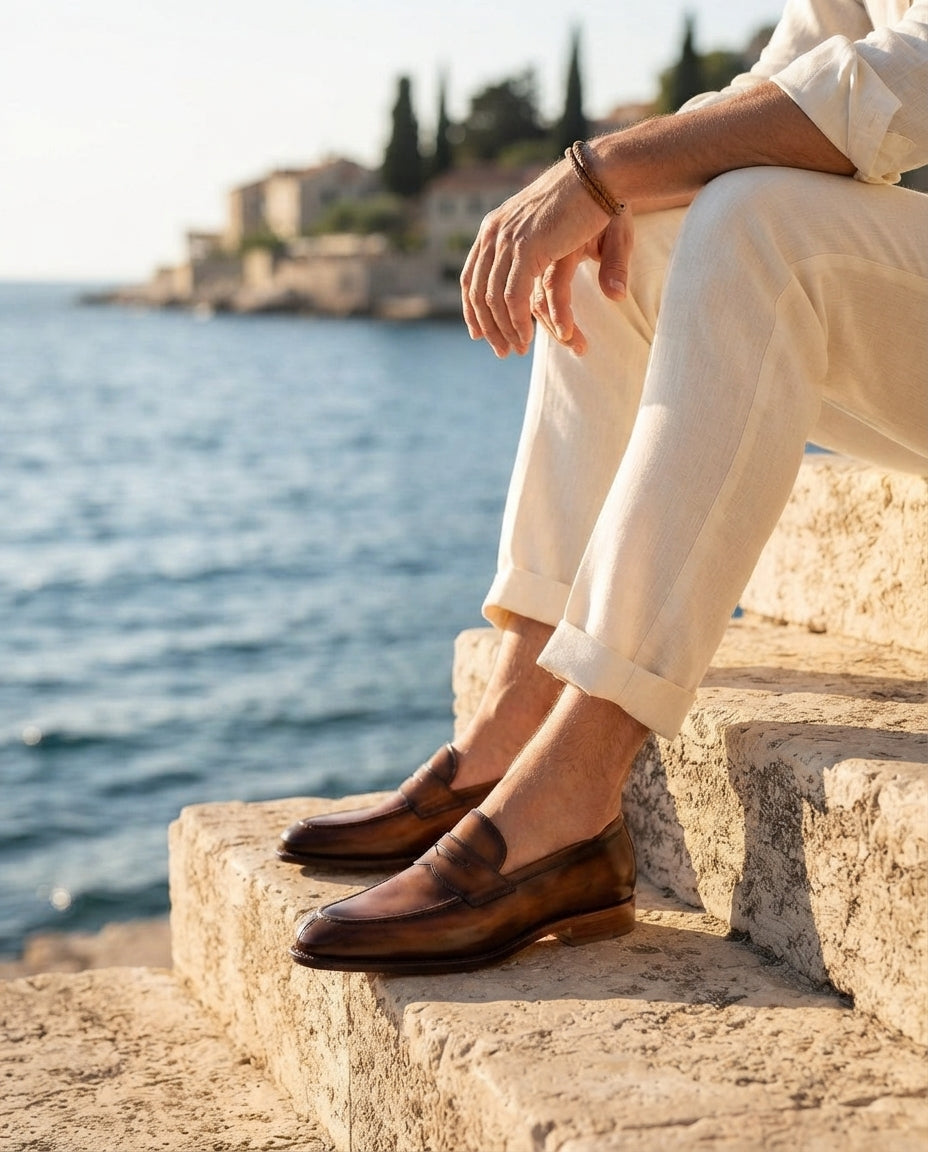 Brown Leather Garbin Penny Loafer with Natural Leather Sole – lifestyle