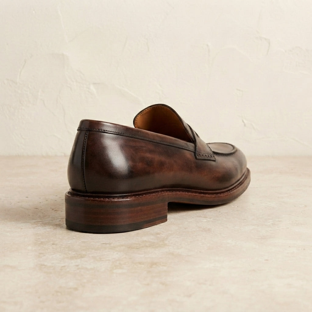Height Increasing Brown Leather Garbin Penny Loafer with Natural Leather Sole - 3 Inch Hidden Heel – heel view