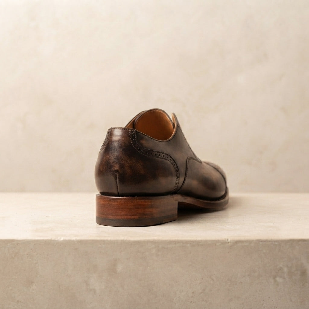 Height Increasing Brown Leather Garbin Cap-Toe Oxford with Natural Leather Sole - 3 Inch Hidden Heel – heel view