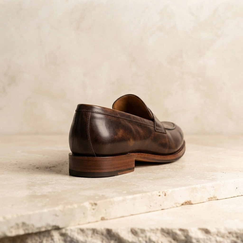 Height Increasing Brown Leather Garbin Cap-Toe Ankle Boot with Natural Leather Sole - 3 Inch Hidden Heel – heel view