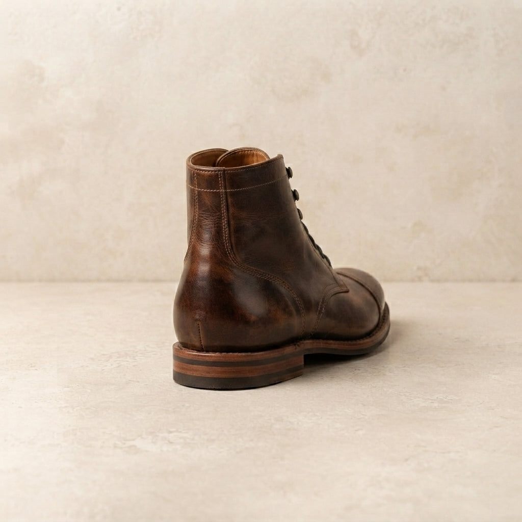Brown Leather Garbin Cap-Toe Ankle Boot with Natural Leather Sole – heel view