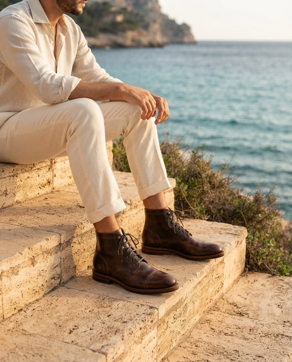 Brown Leather Garbin Cap-Toe Ankle Boot with Natural Leather Sole – lifestyle