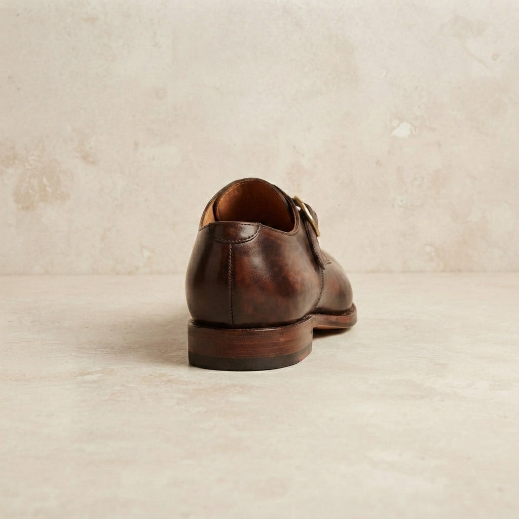 Brown Leather Garbin Single Monk Strap with Natural Leather Sole – heel view