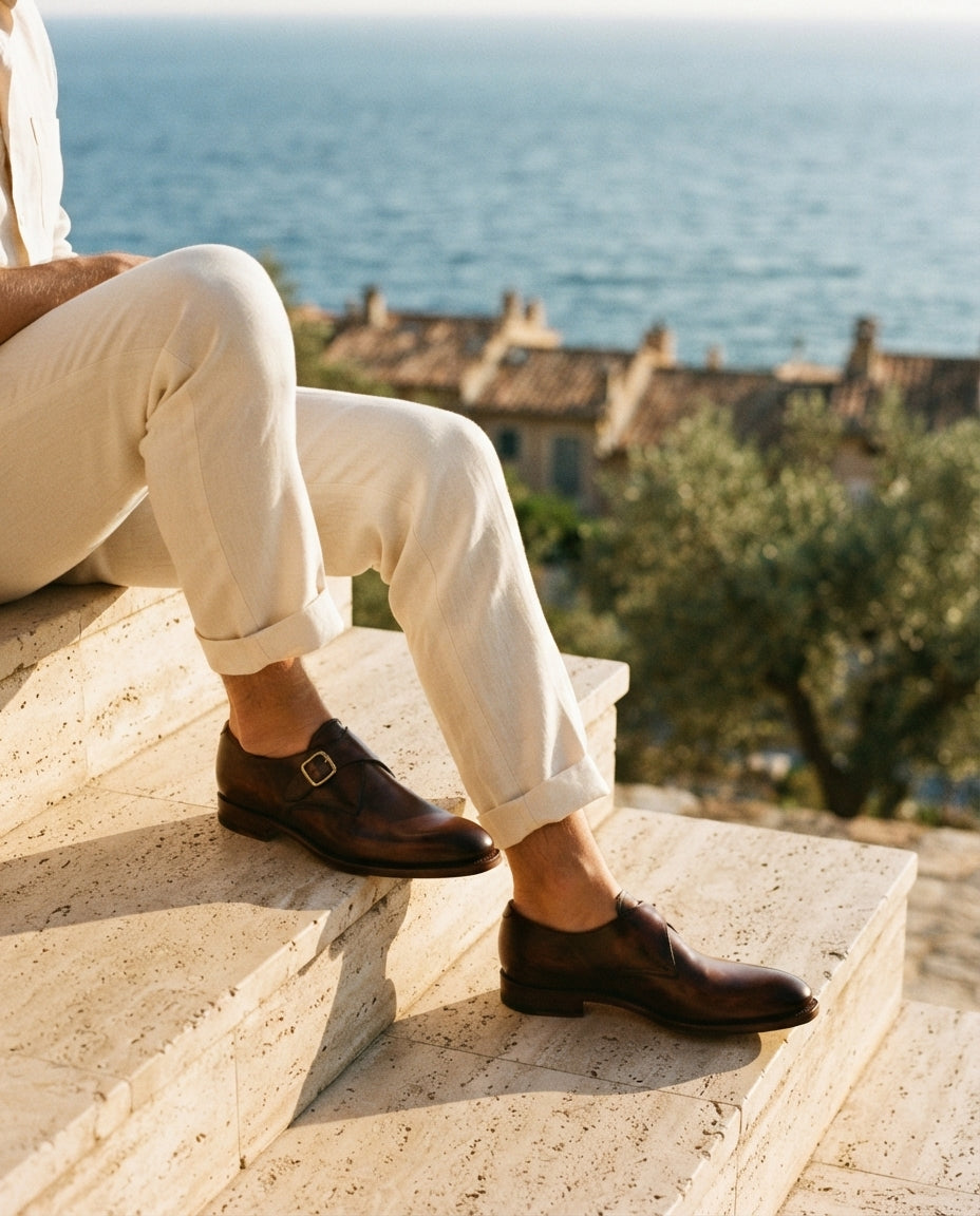 Brown Leather Garbin Single Monk Strap with Natural Leather Sole – lifestyle