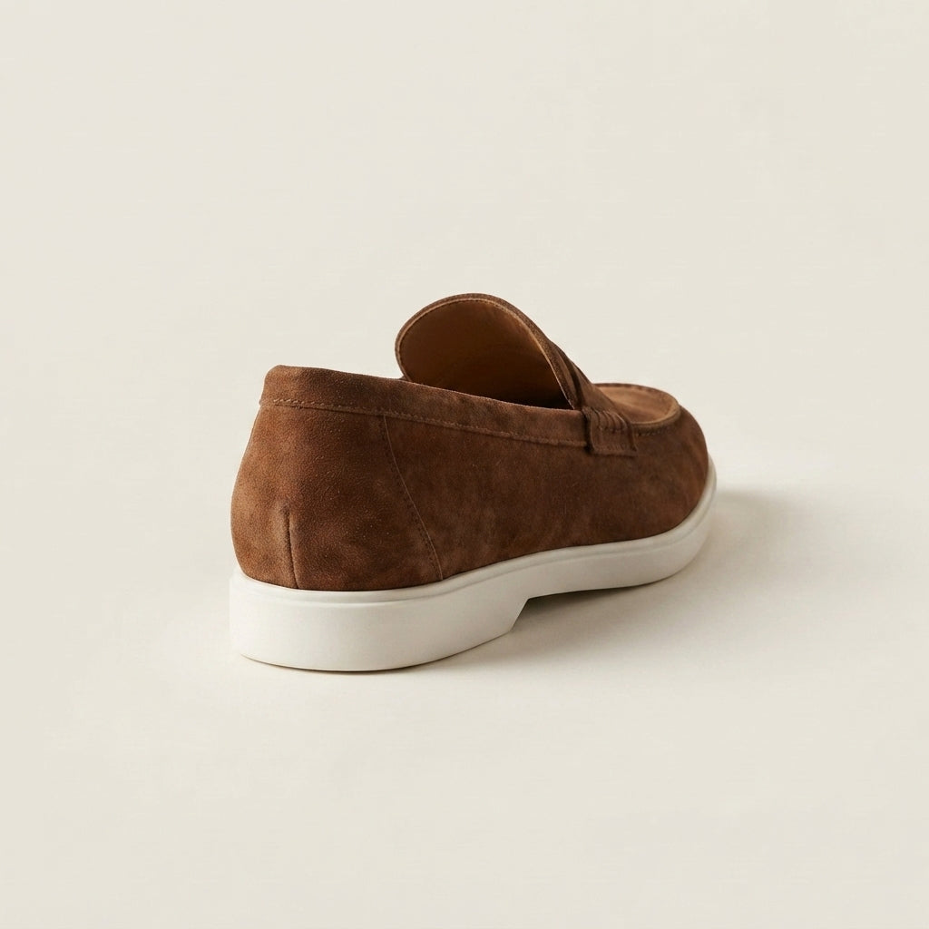 Height Increasing Brown Leather Mildew Loafer with White Yacht Sole - 3 Inch Hidden Heel – heel view