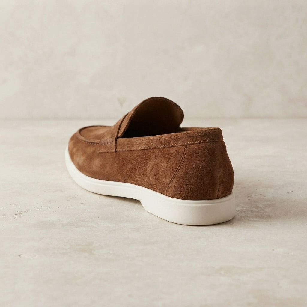 Brown Leather Mildew Loafer with White Yacht Sole – heel view