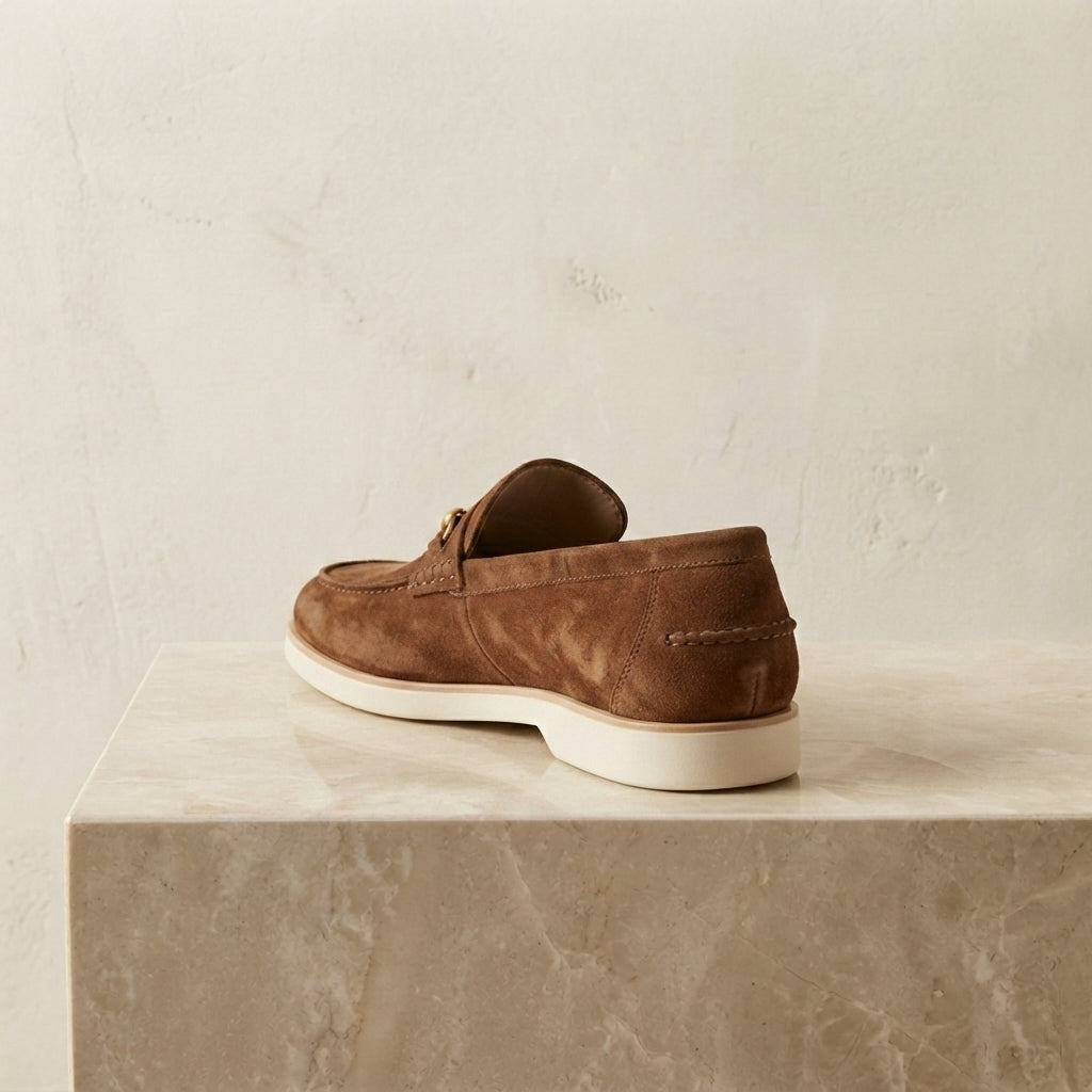 Height Increasing Brown Leather Mildew Loafer with White Yacht Sole - 3 Inch Hidden Heel – heel view