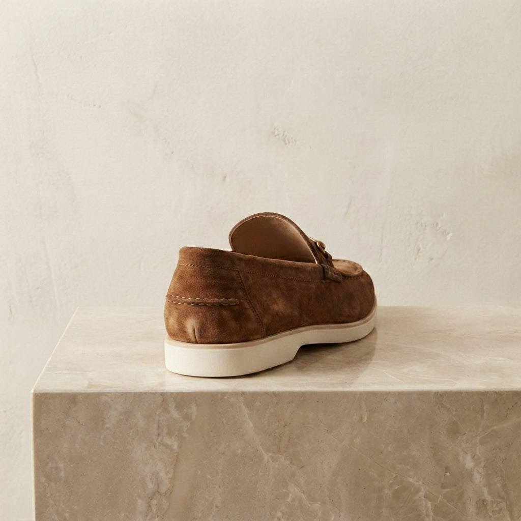 Brown Leather Mildew Loafer with White Yacht Sole – heel view