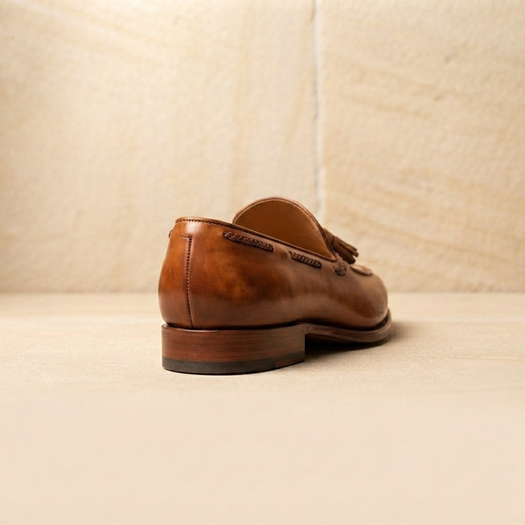 Height Increasing Brown Patina Calf Favonio Tassel Loafer with Natural Leather Sole - 3 Inch Hidden Heel – heel view