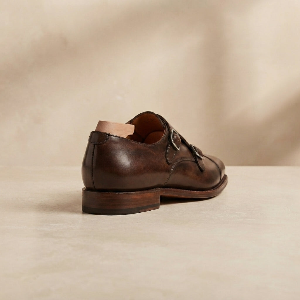 Height Increasing Brown Patina Calf Favonio Double Monk Strap with Natural Leather Sole - 3 Inch Hidden Heel – heel view