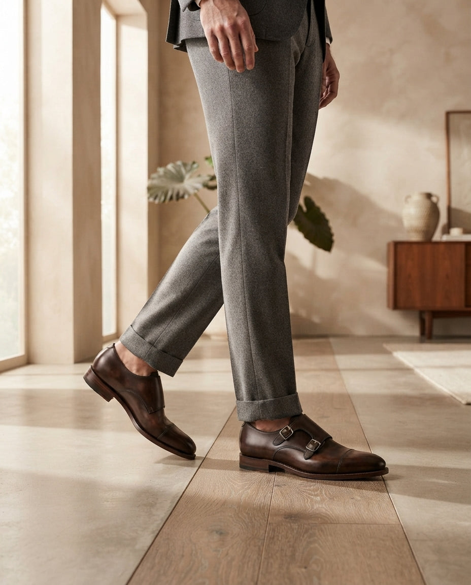 Height Increasing Brown Patina Calf Favonio Double Monk Strap with Natural Leather Sole - 3 Inch Hidden Heel – lifestyle