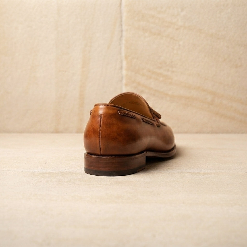 Brown Patina Calf Favonio Tassel Loafer with Natural Leather Sole – heel view