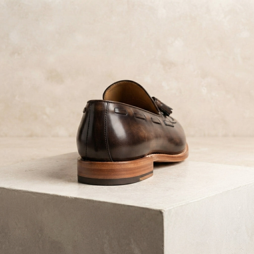 Brown Patina Calf Favonio Tassel Loafer with Natural Leather Sole – heel view