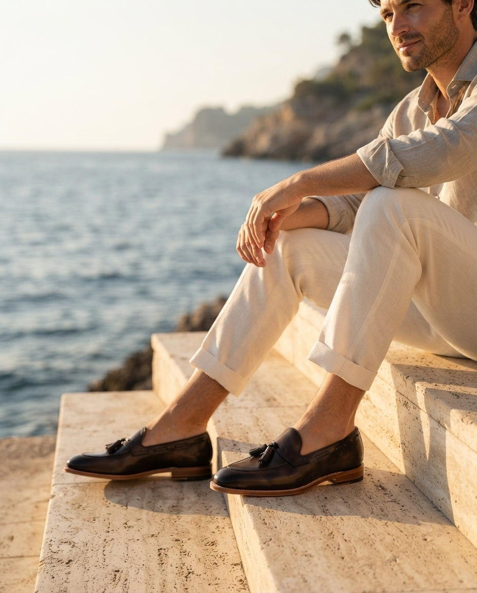 Brown Patina Calf Favonio Tassel Loafer with Natural Leather Sole – lifestyle