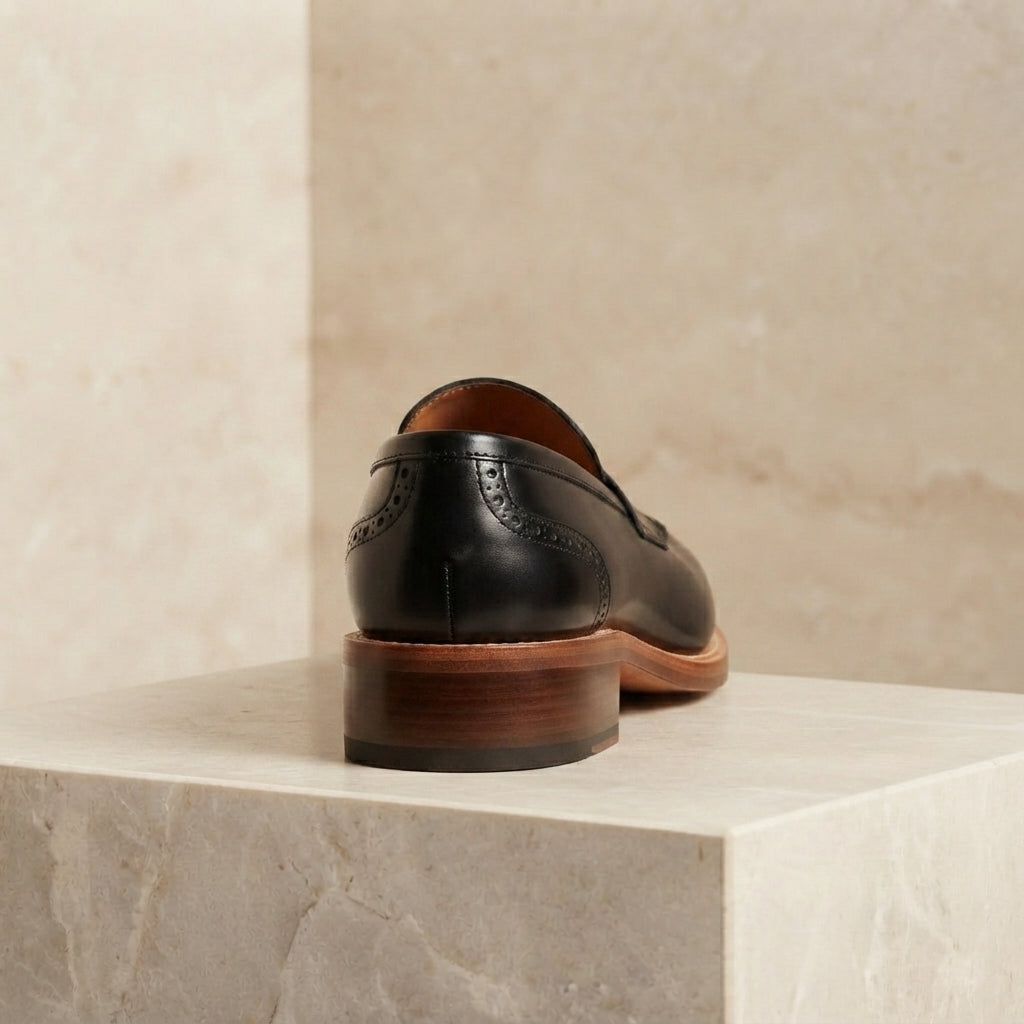 Height Increasing Brown Patina Calf Favonio Tassel Loafer with Natural Leather Sole - 3 Inch Hidden Heel – heel view
