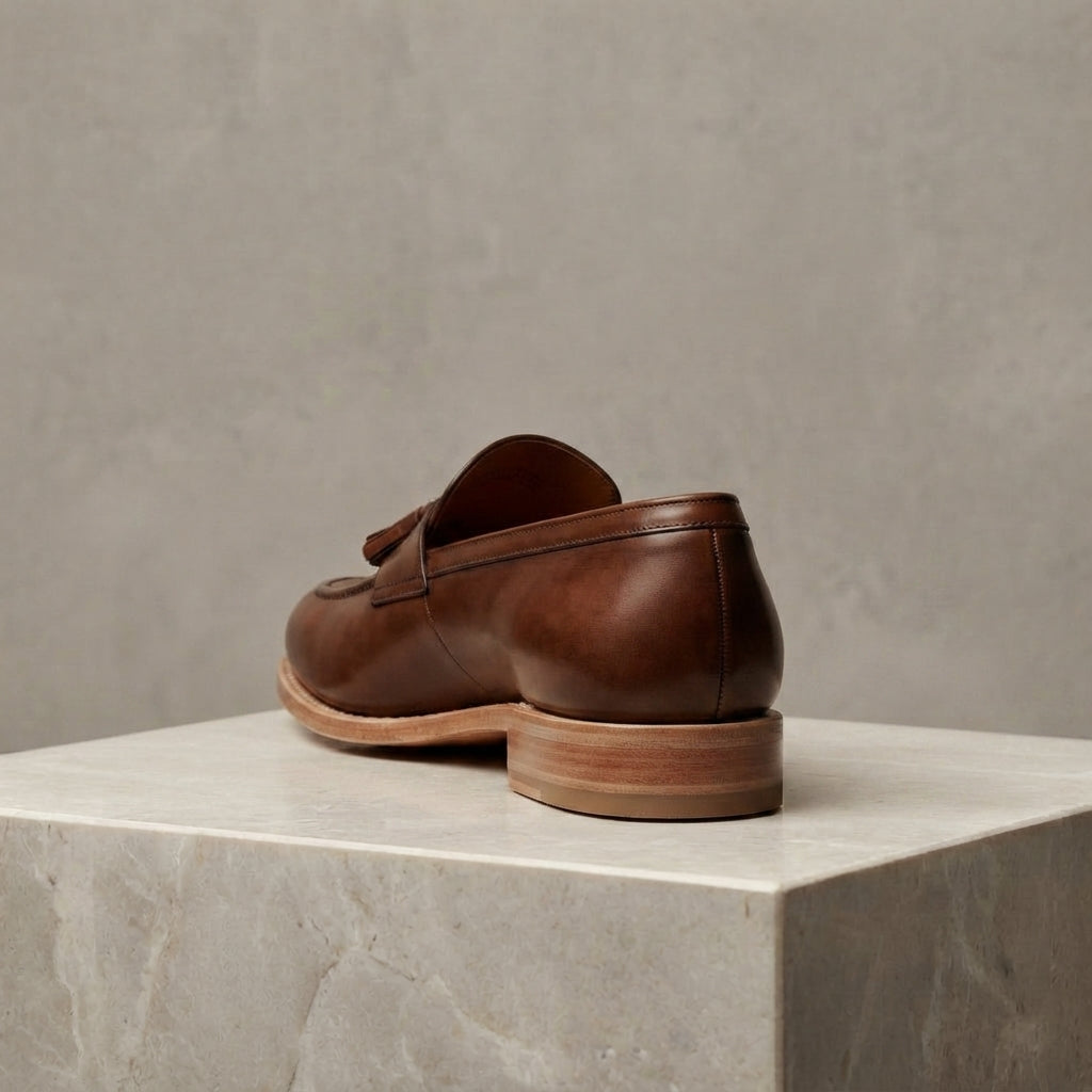 Brown Patina Calf Favonio Tassel Loafer with Natural Leather Sole – heel view
