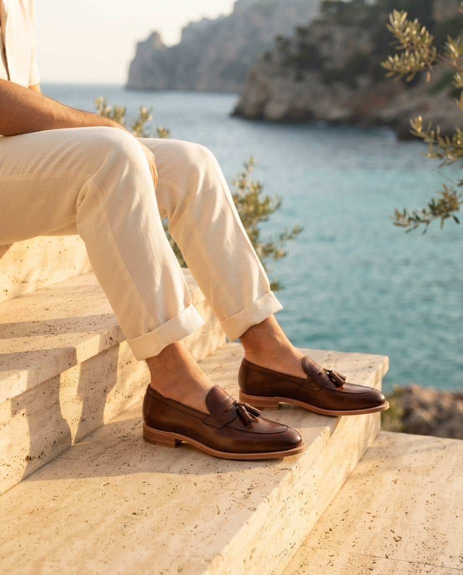 Brown Patina Calf Favonio Tassel Loafer with Natural Leather Sole – lifestyle