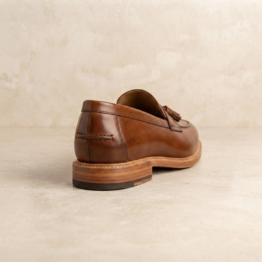 Height Increasing Brown Patina Calf Favonio Tassel Loafer with Natural Leather Sole - 3 Inch Hidden Heel – heel view