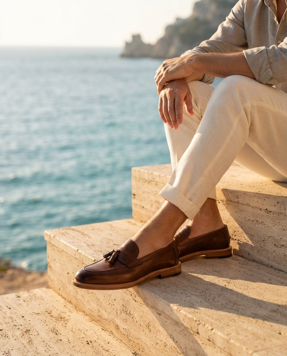 Brown Patina Calf Favonio Tassel Loafer with Natural Leather Sole – lifestyle