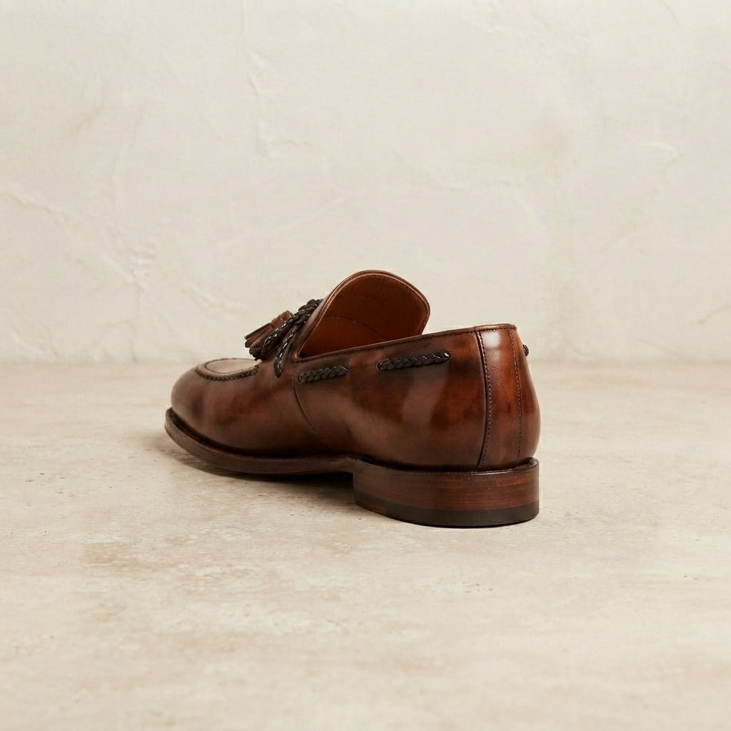 Height Increasing Brown Patina Calf Favonio Tassel Loafer with Natural Leather Sole - 3 Inch Hidden Heel – heel view