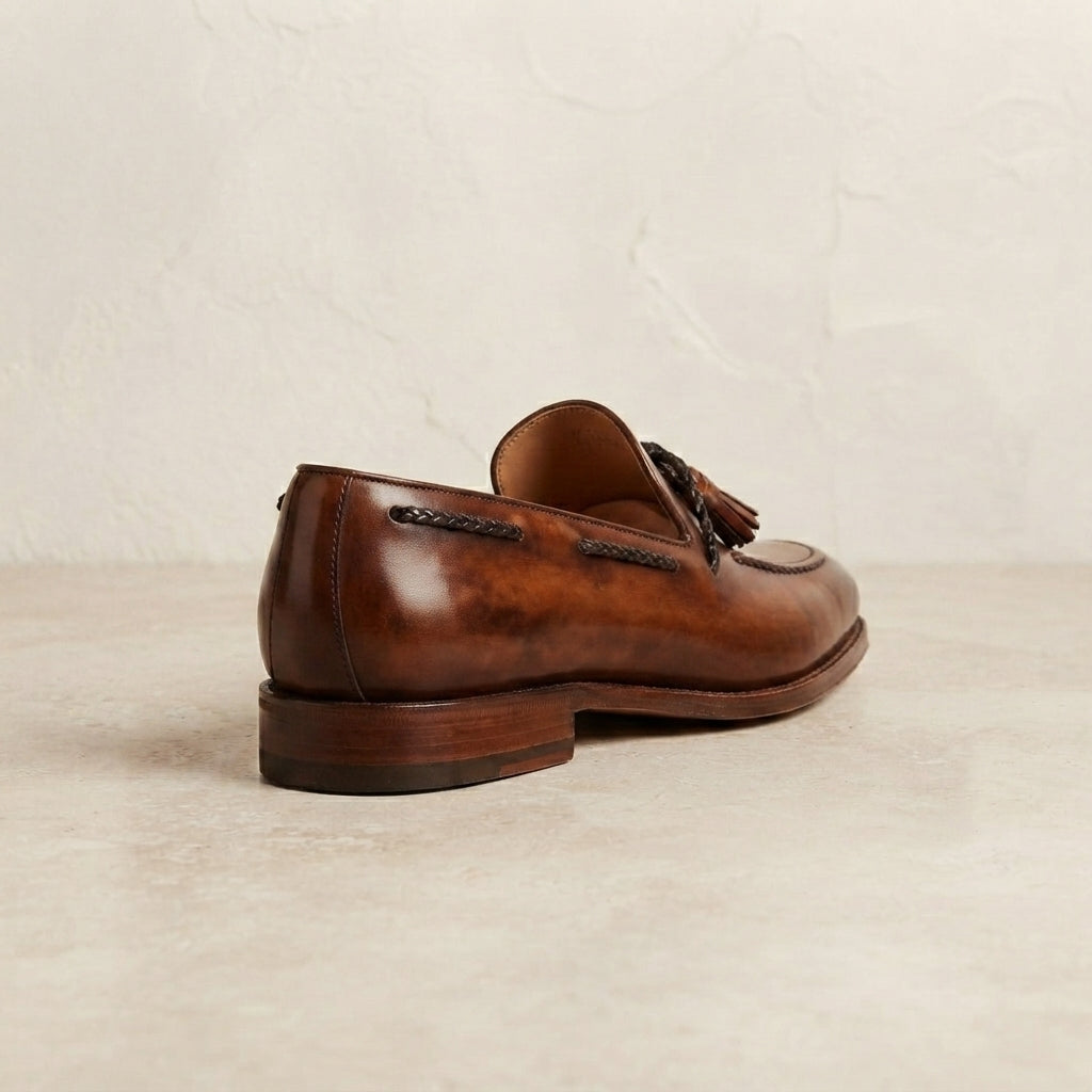 Brown Patina Calf Favonio Tassel Loafer with Natural Leather Sole – heel view