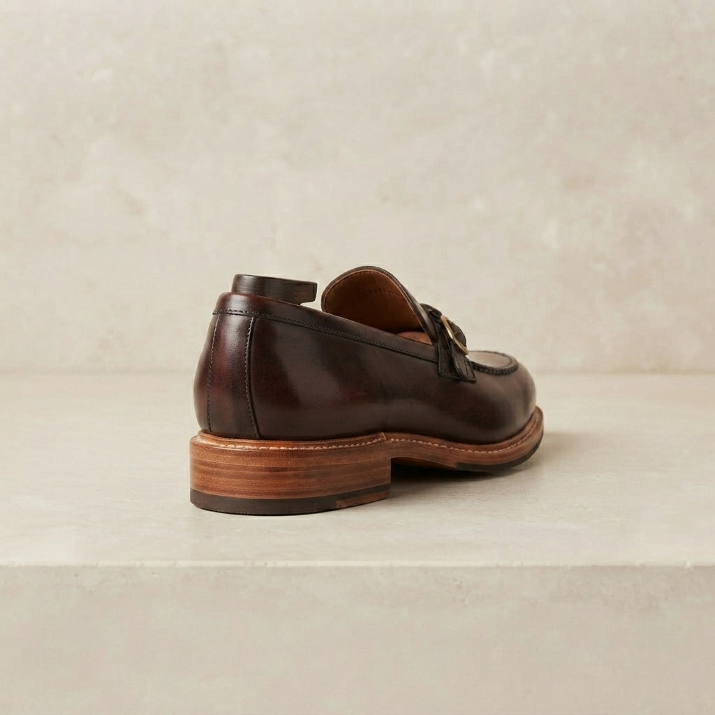 Height Increasing Brown Patina Calf Favonio Tassel Loafer with Natural Leather Sole - 3 Inch Hidden Heel – heel view