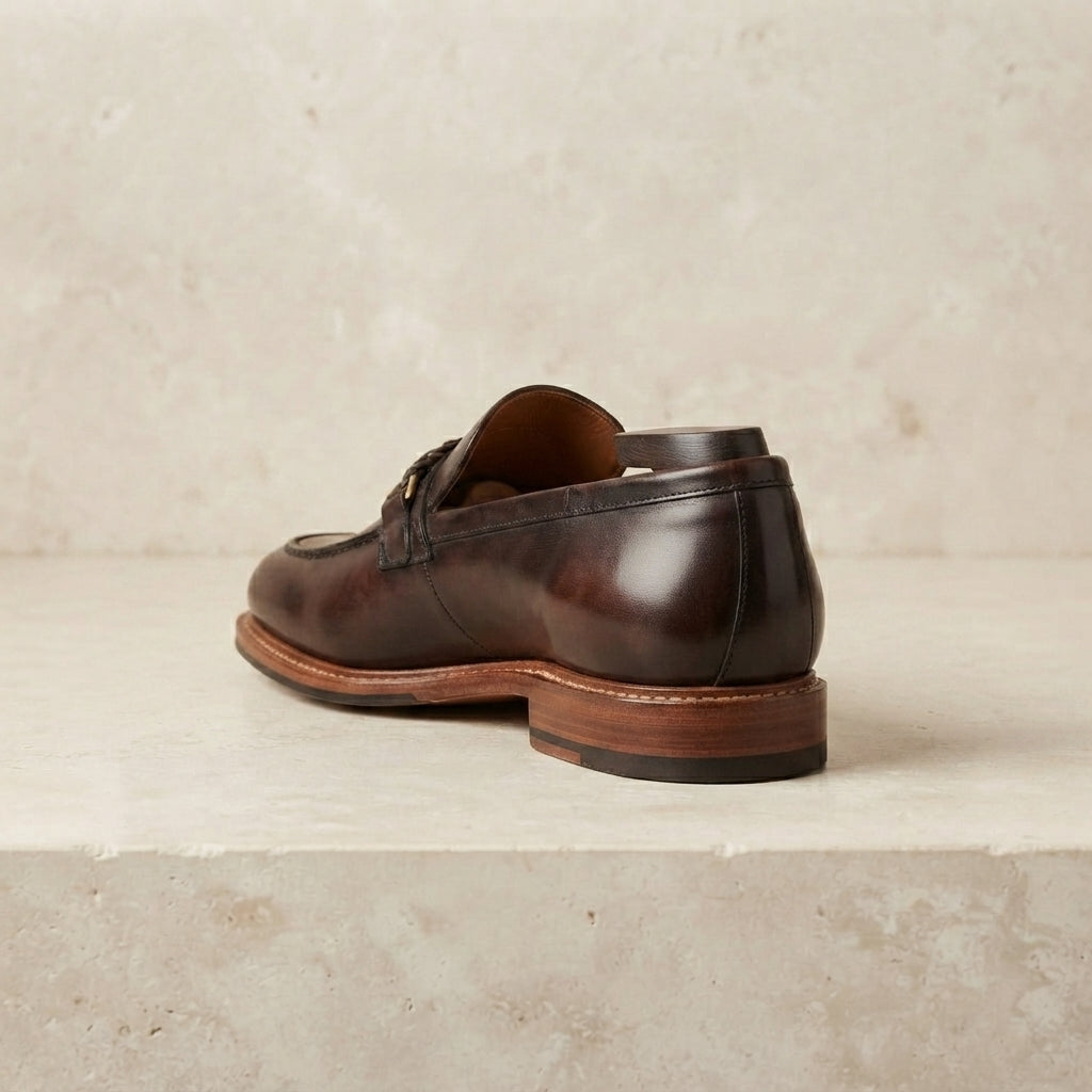 Brown Patina Calf Favonio Tassel Loafer with Natural Leather Sole – heel view