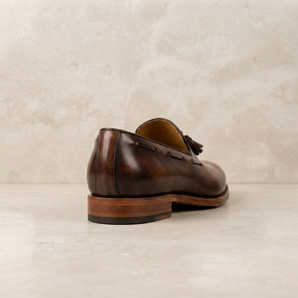 Height Increasing Brown Patina Calf Favonio Cap-Toe Oxford with Natural Leather Sole - 3 Inch Hidden Heel – heel view