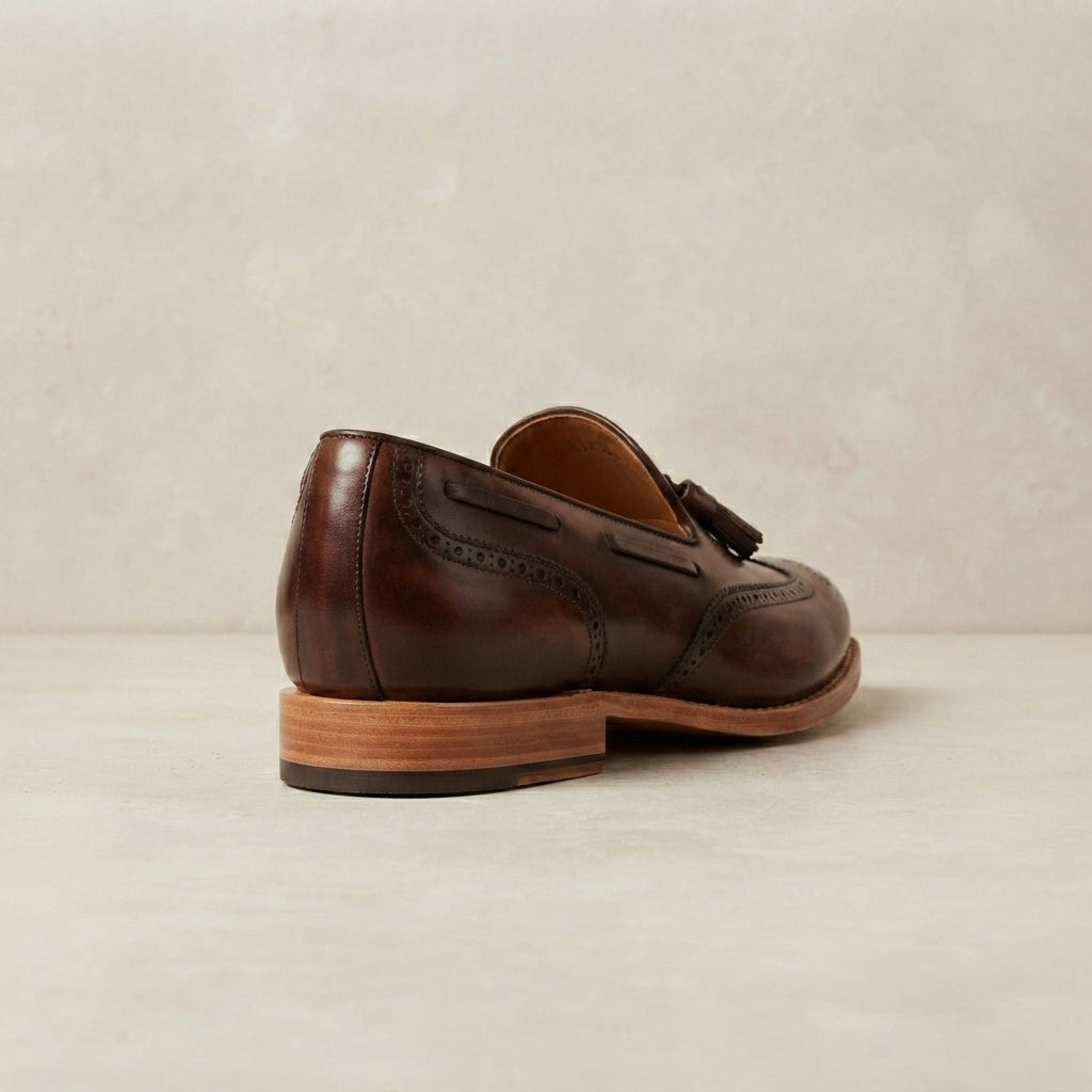 Height Increasing Brown Patina Calf Favonio Wingtip Brogue Ankle Boot with Natural Leather Sole - 3 Inch Hidden Heel – heel view