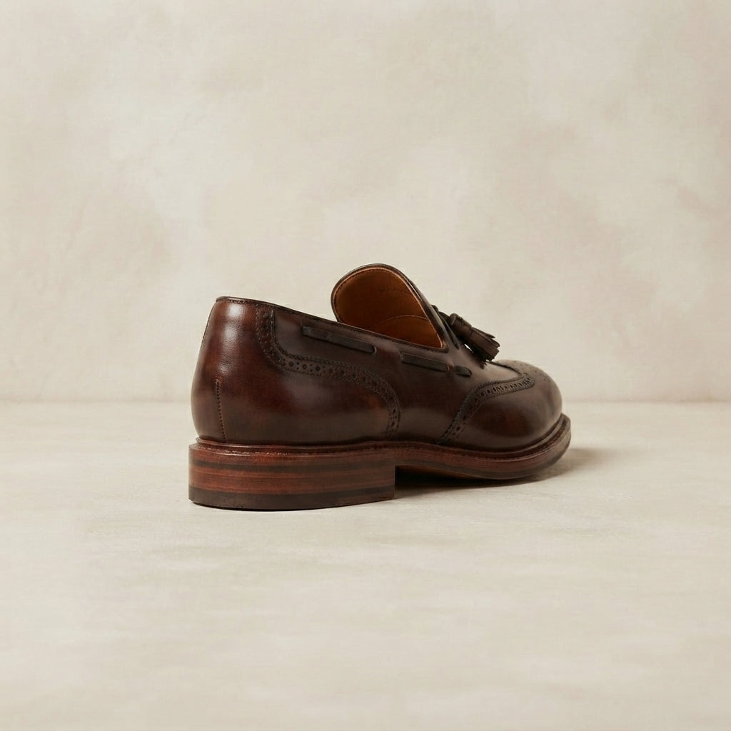 Brown Patina Calf Favonio Wingtip Brogue Ankle Boot with Natural Leather Sole – heel view