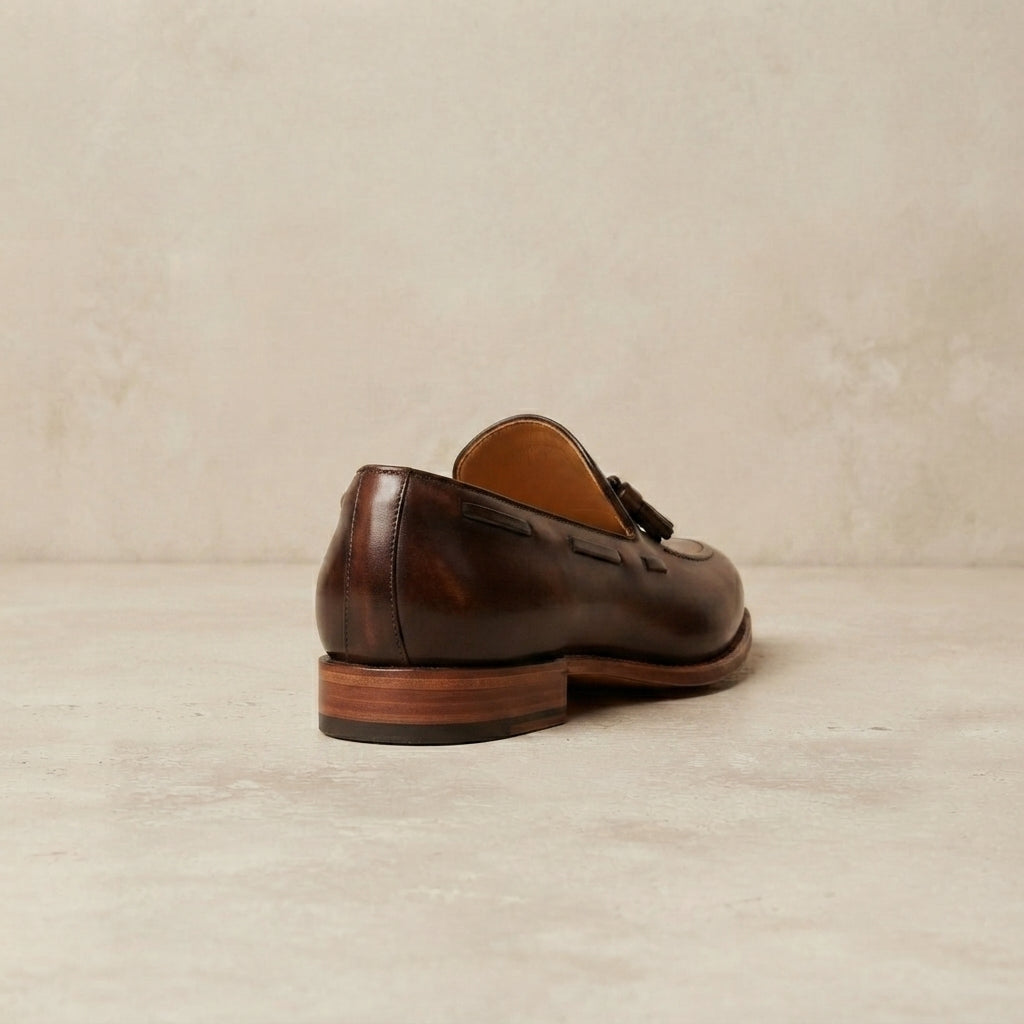 Height Increasing Brown Patina Calf Favonio Wingtip Brogue Oxford with Natural Leather Sole - 3 Inch Hidden Heel – heel view