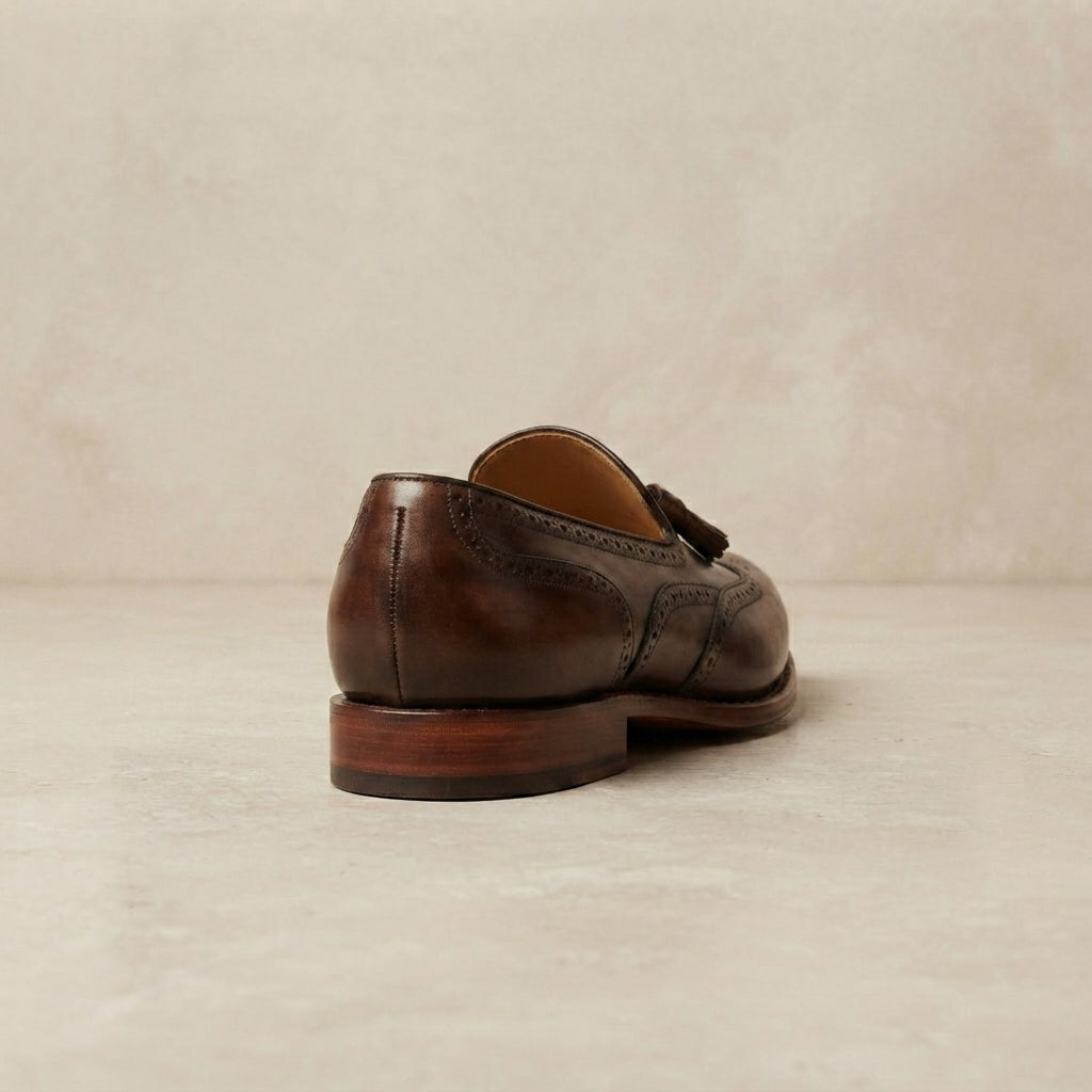 Brown Patina Calf Favonio Wingtip Brogue Oxford with Natural Leather Sole – heel view