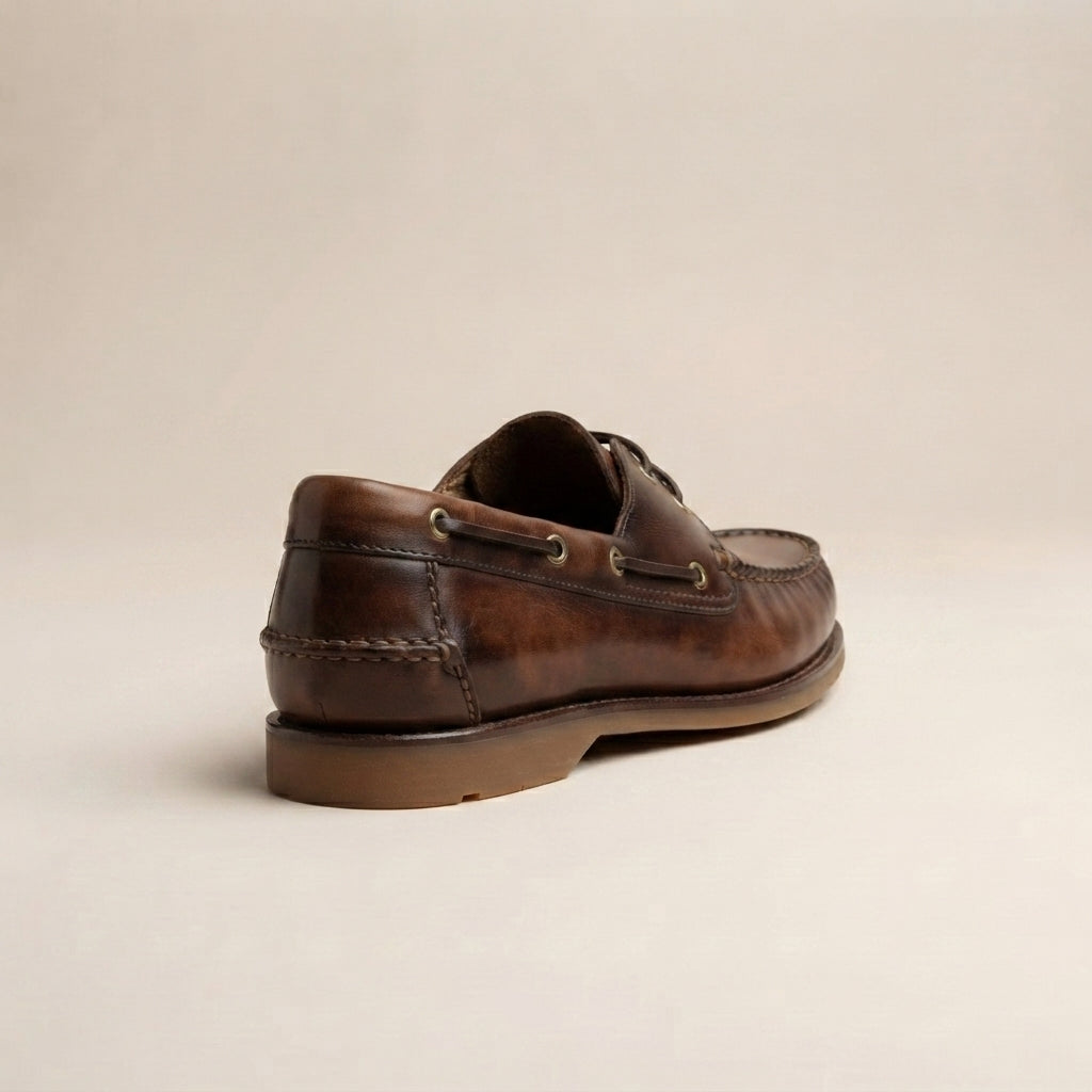 Height Increasing Brown Patina Calf Levante Boat Shoe with Natural Rubber Sole - 3 Inch Hidden Heel – heel view