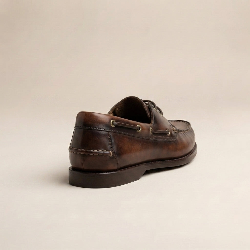 Brown Patina Calf Levante Boat Shoe with Natural Rubber Sole – heel view