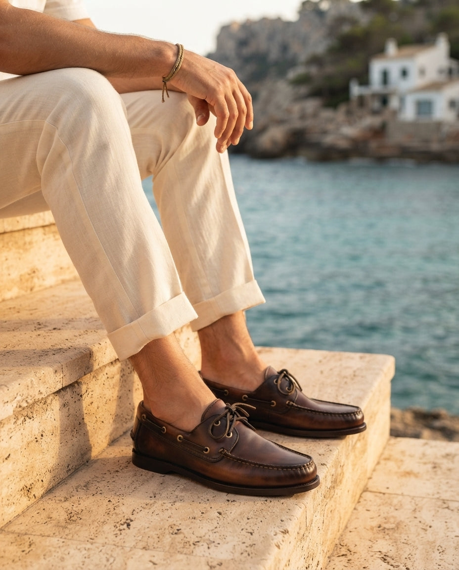 Brown Patina Calf Levante Boat Shoe with Natural Rubber Sole – lifestyle