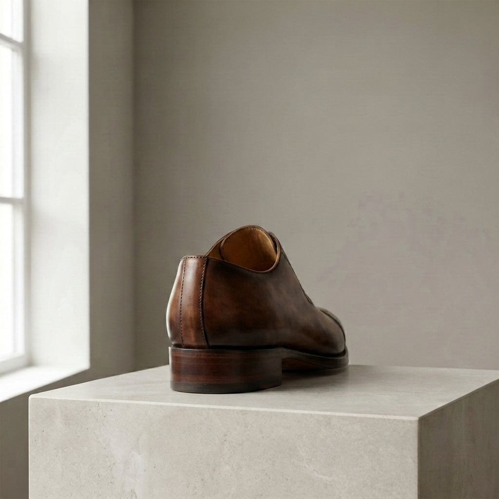 Height Increasing Brown Patina Calf Libeccio Whole Cut Oxford with Natural Leather Sole - 3 Inch Hidden Heel – heel view