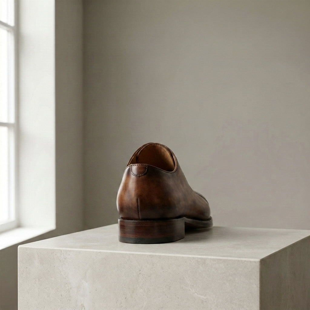 Brown Patina Calf Libeccio Whole Cut Oxford with Natural Leather Sole – heel view