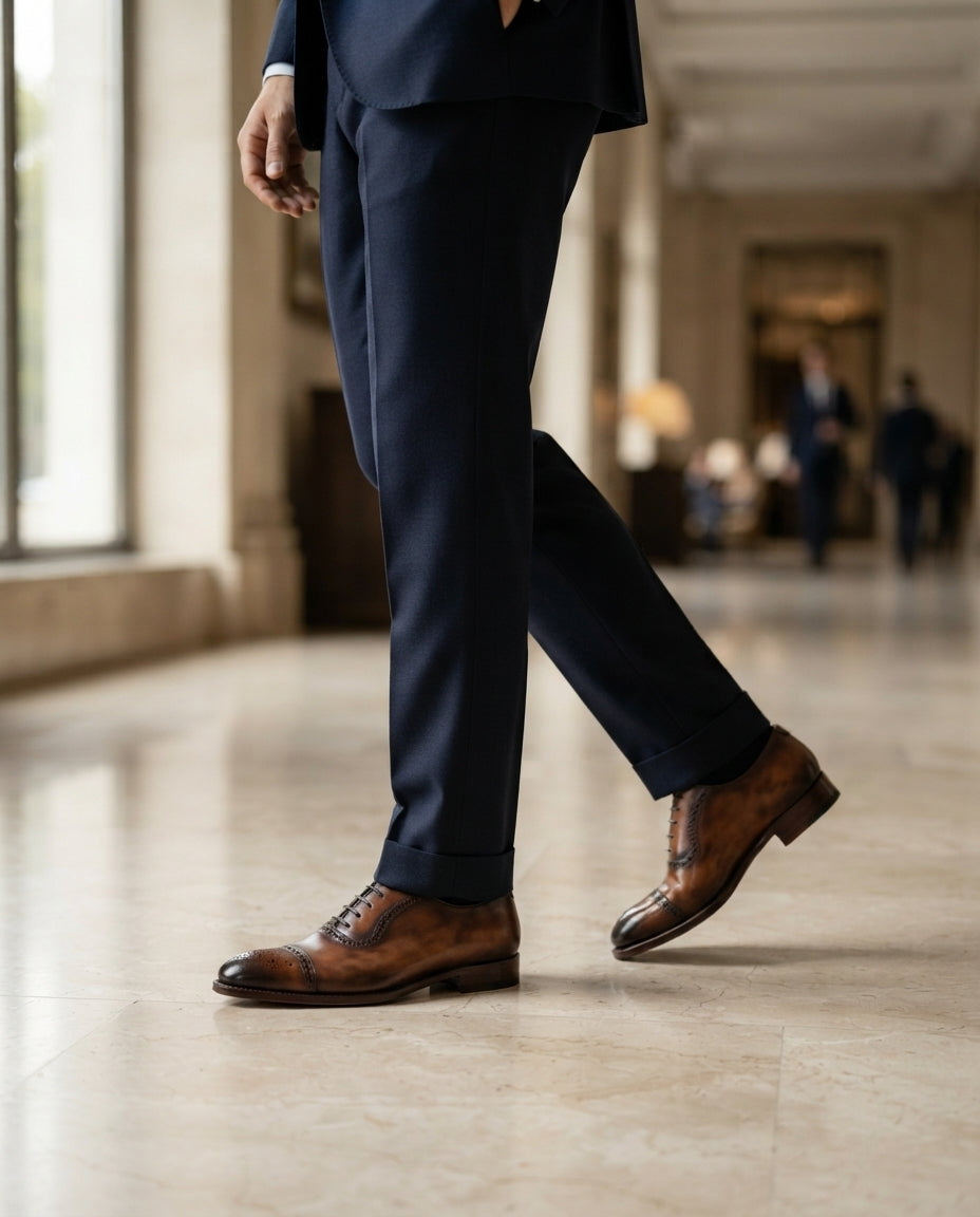 Brown Patina Calf Libeccio Whole Cut Oxford with Natural Leather Sole – lifestyle