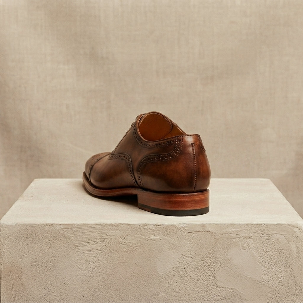Height Increasing Brown Patina Calf Libeccio Whole Cut Oxford with Natural Leather Sole - 3 Inch Hidden Heel – heel view