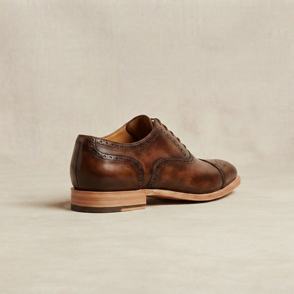 Brown Patina Calf Libeccio Whole Cut Oxford with Natural Leather Sole – heel view