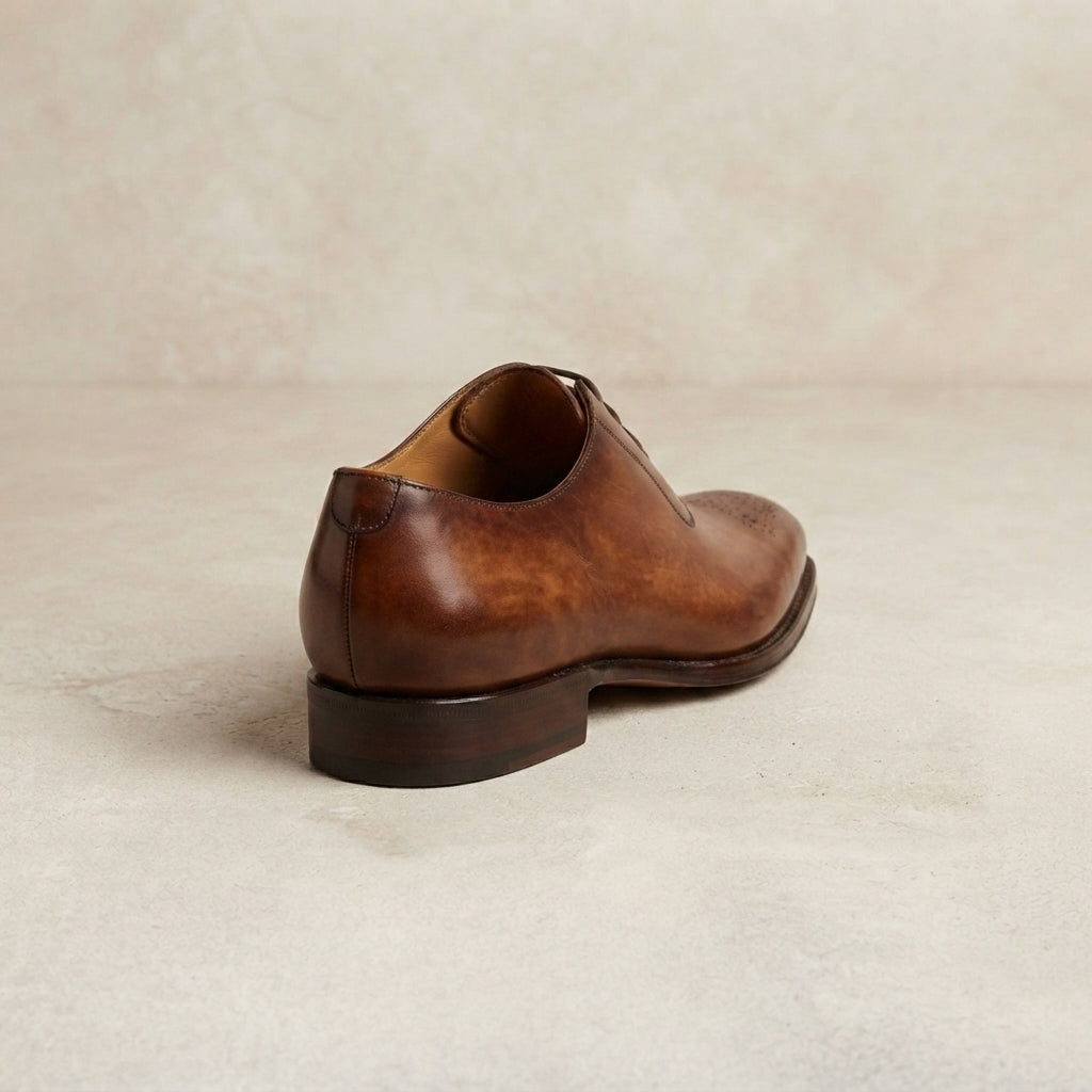 Height Increasing Brown Patina Calf Libeccio Whole Cut Oxford with Natural Leather Sole - 3 Inch Hidden Heel – heel view