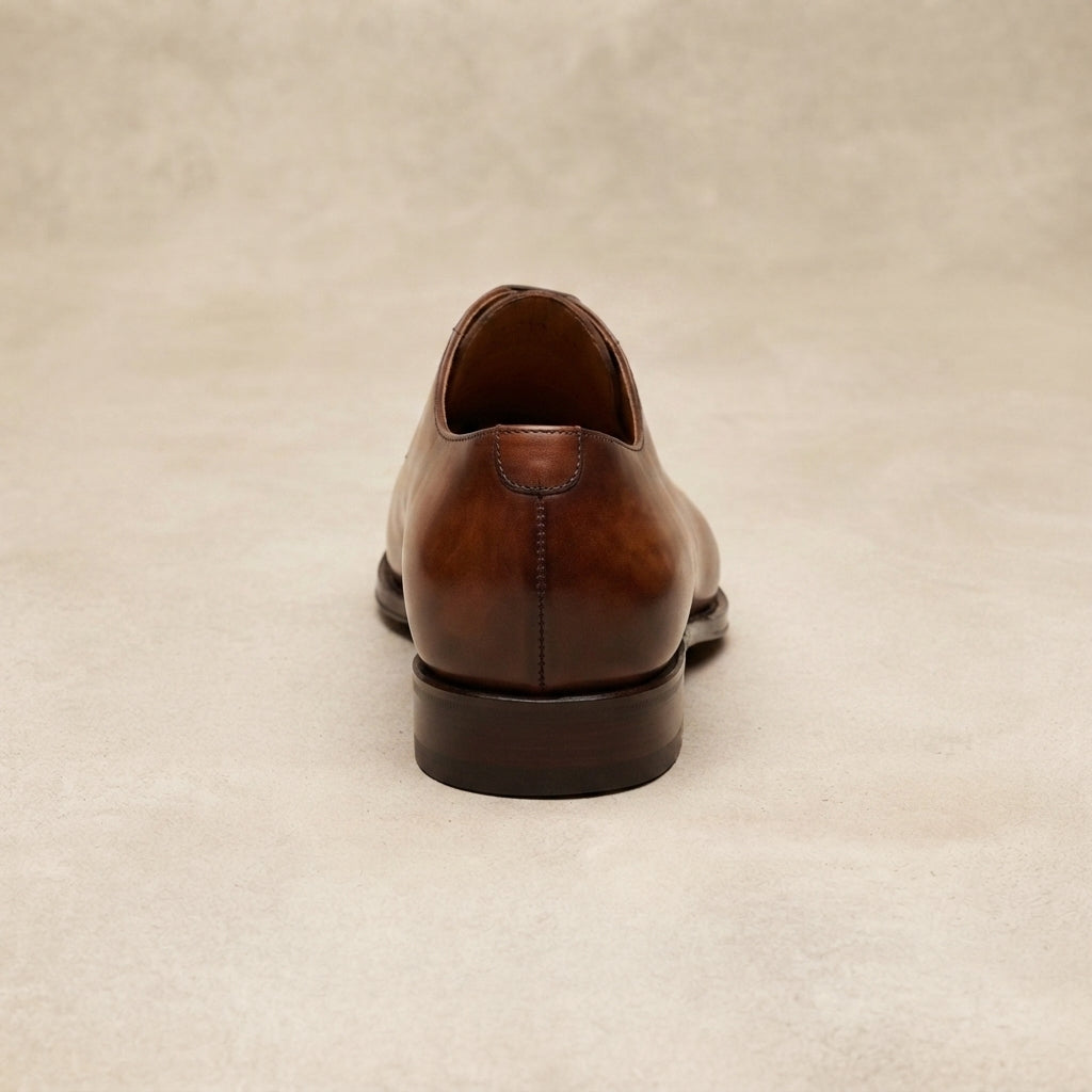 Brown Patina Calf Libeccio Whole Cut Oxford with Natural Leather Sole – heel view