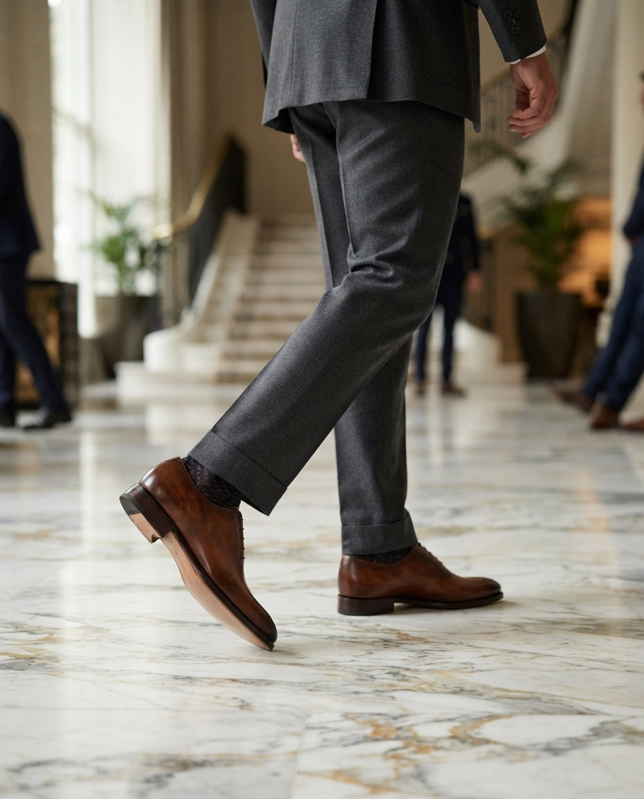 Brown Patina Calf Libeccio Whole Cut Oxford with Natural Leather Sole – lifestyle