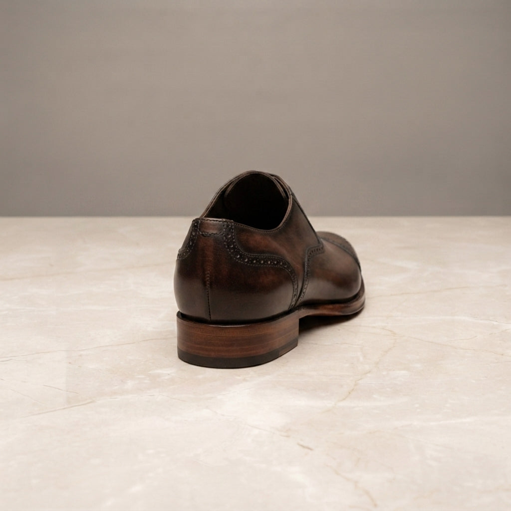 Height Increasing Brown Patina Calf Libeccio Whole Cut Oxford with Natural Leather Sole - 3 Inch Hidden Heel – heel view
