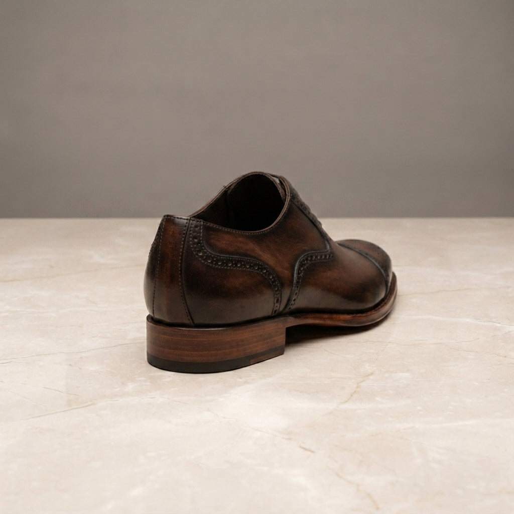 Brown Patina Calf Libeccio Whole Cut Oxford with Natural Leather Sole – heel view