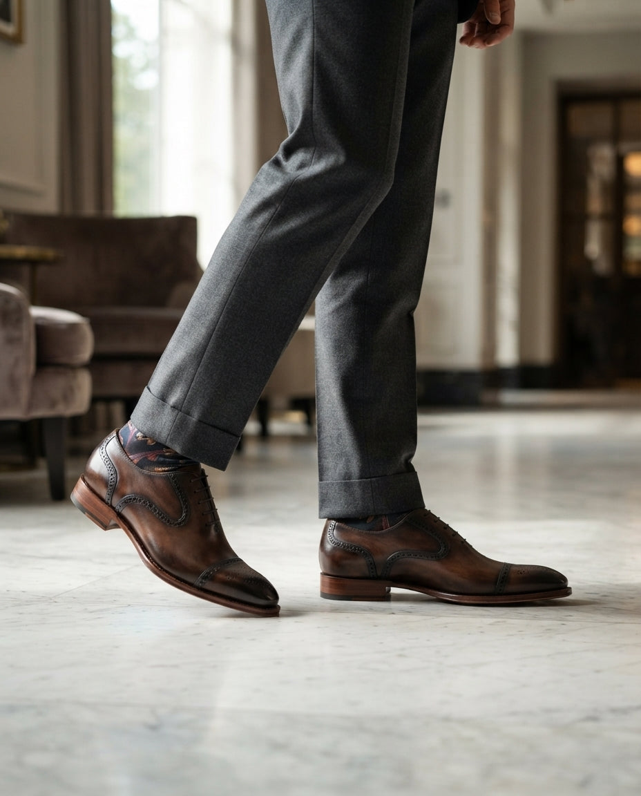 Brown Patina Calf Libeccio Whole Cut Oxford with Natural Leather Sole – lifestyle