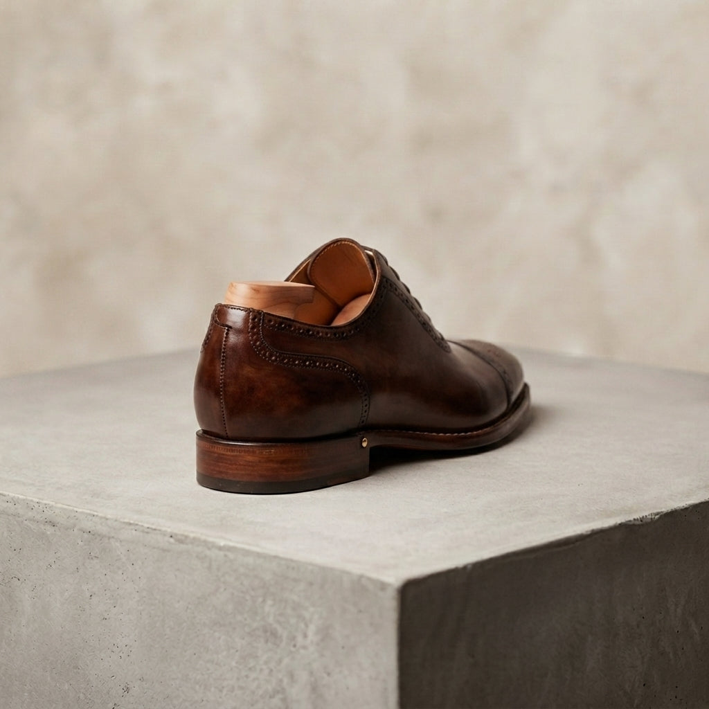 Brown Patina Calf Libeccio Whole Cut Oxford with Natural Leather Sole – heel view
